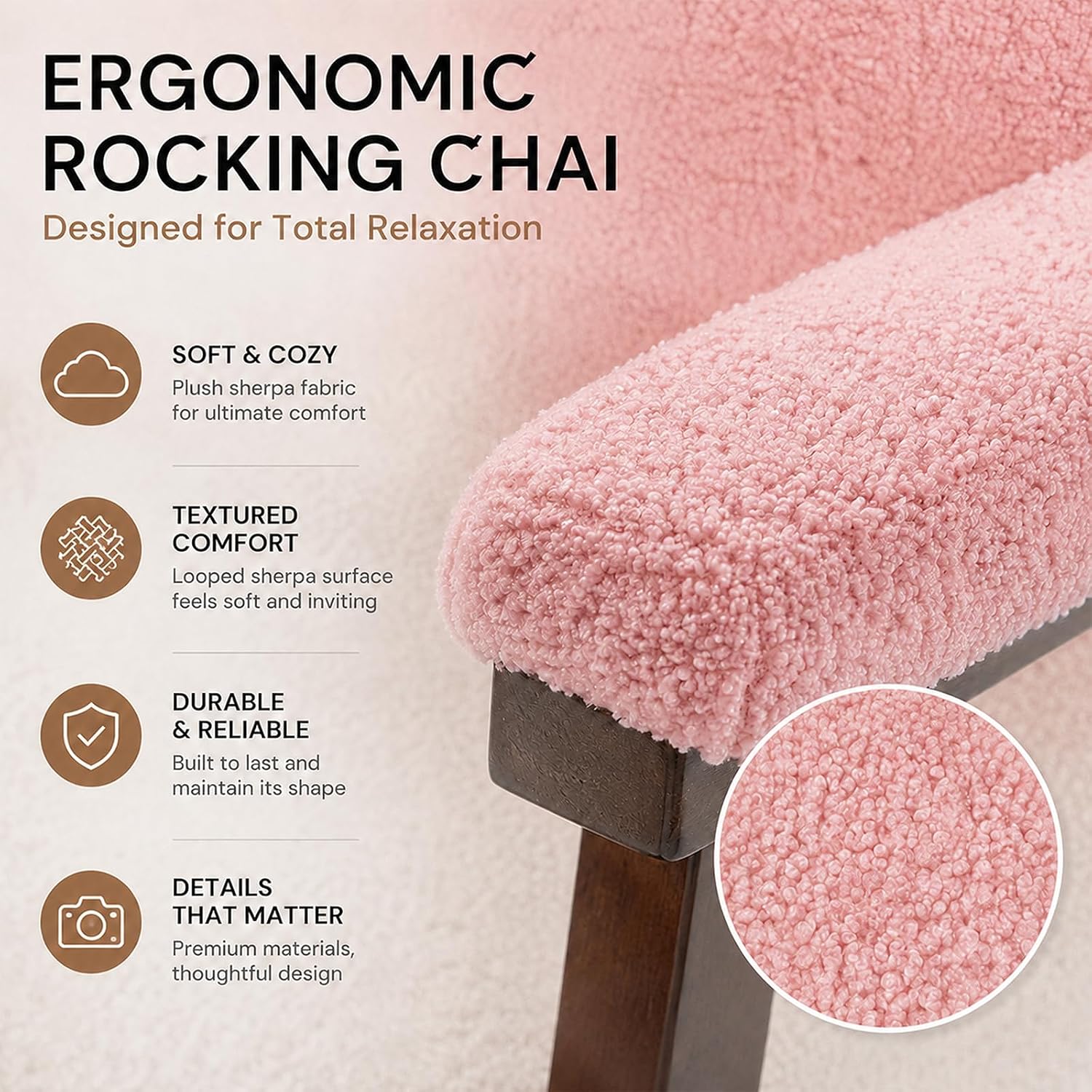 Nursery Rocking Chair, Pink Teddy Fabric Upholstered Rocking Accent Chair with Solid Wood Frame, High-Density Foam Cushion, Comfy Reading Armchair for Bedroom Nursery