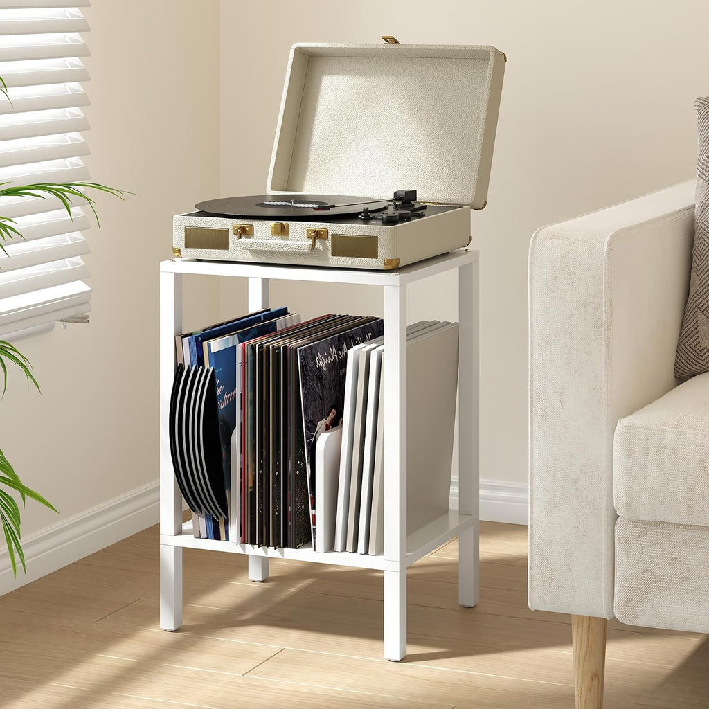 TUTOTAK 2-Tier End Table,Record Player Stand with Vinyl Record Storage up to 100 Albums,Multi-Functional Side Table for Living Room, Bedroom, White TB01BW070