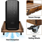 MyGift Rustic Solid Wood CPU Tower Stand – Deluxe PC Holder with Rolling Lockable Caster Wheels, Computer Case Floor Stand