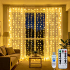 Curtain String Lights Indoor, 300LED 9.8 * 9.8FT USB Plug-in Window Curtain Lights with Timer and 8 Modes, Waterproof Warm White Curtain Fairy Lights for Bedroom Room Wedding Outdoor Decor