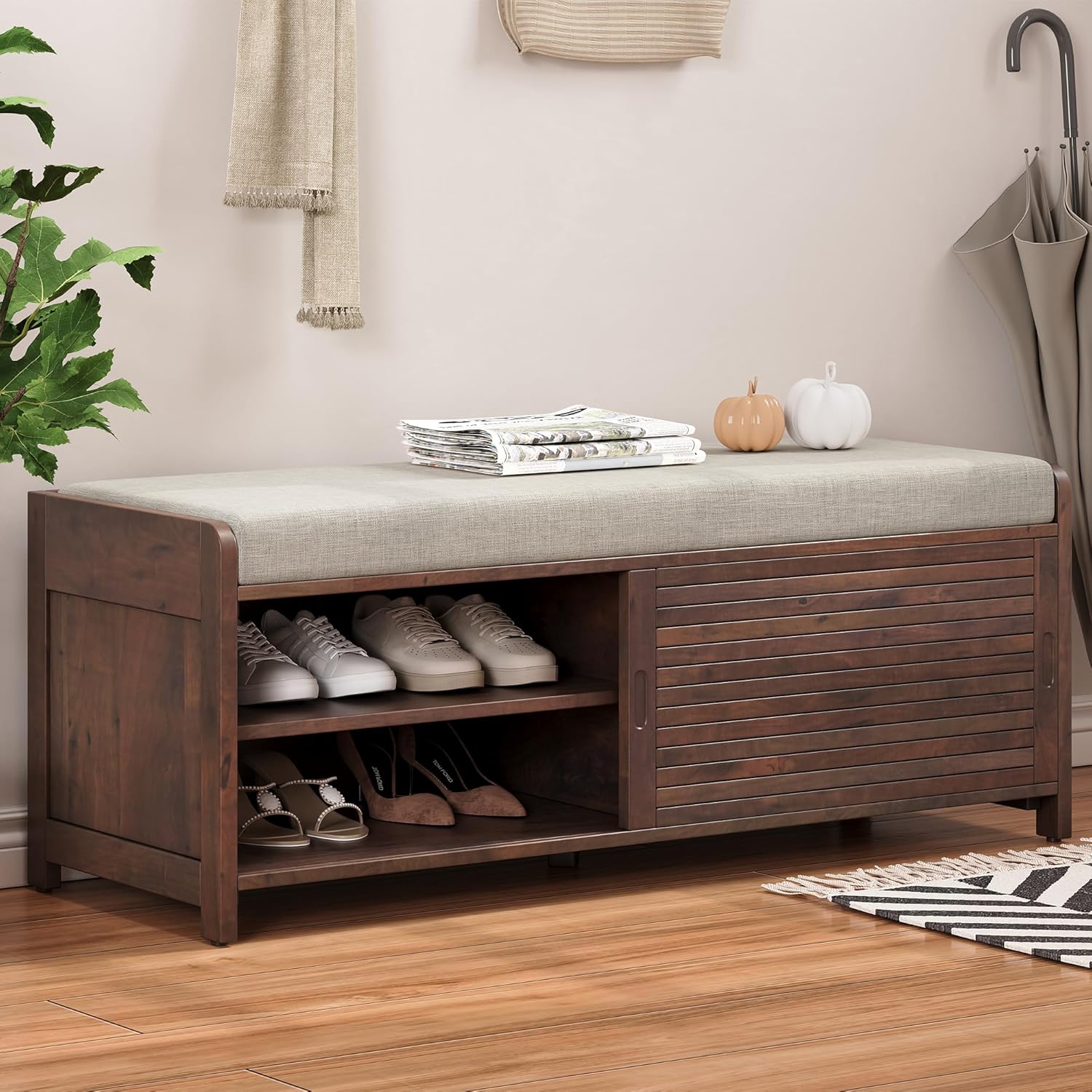 SOFTSEA Shoe Storage Bench with Cushion, 2-Tier Entryway Bench with Sliding Shutter Doors for Entryway, Bedroom, Living Room, Farmhouse Style, 43.3" W x 15.4" D x 16.5" H (Espresso)