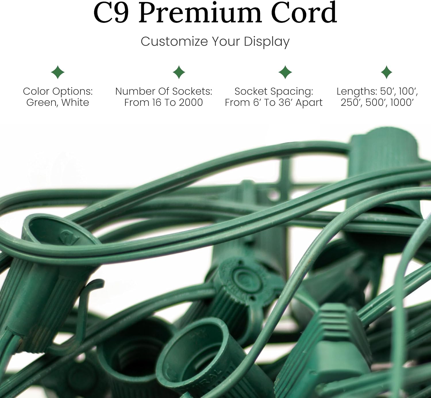 Pro Christmas C9 Light Cord - 250 ft Spool, 500 Bulb Sockets, 6” Spacing, Green Wire - Outdoor Strand for Holiday Decor, Home and Roofline, Foliage (Plugs not Included)