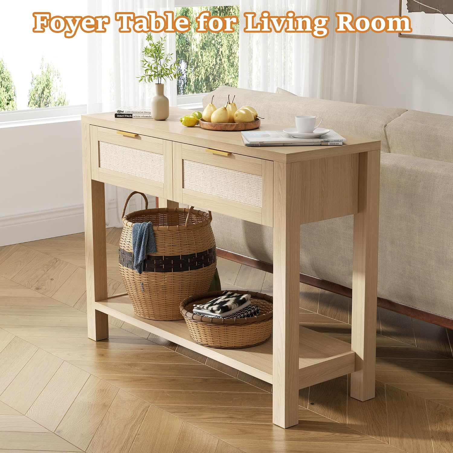 Boho Chic Console Table with 2 Rattan Drawers and Open Shelf Storage, Narrow Farmhouse Sofa Table for Small Space Entryway, Living Room,Hallway,Natural