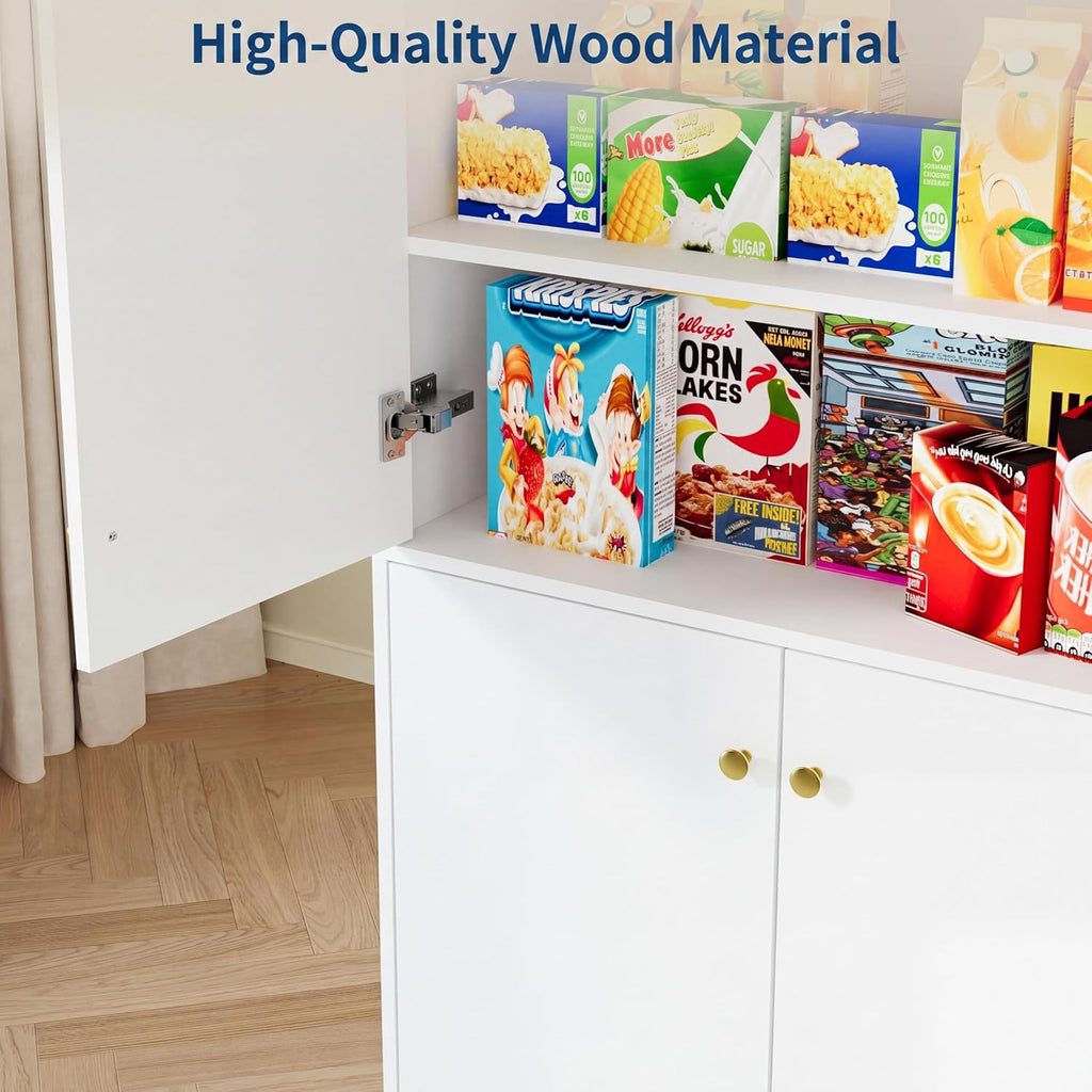 Garvee Kitchen Pantry Cabinet, 68'' Pantry Storage Cabinet with 4 Doors and 4 Adjustable Shelves, Wooden Freestanding Cupboard for Kitchen, Dining Room and Living Room and Bedroom, White