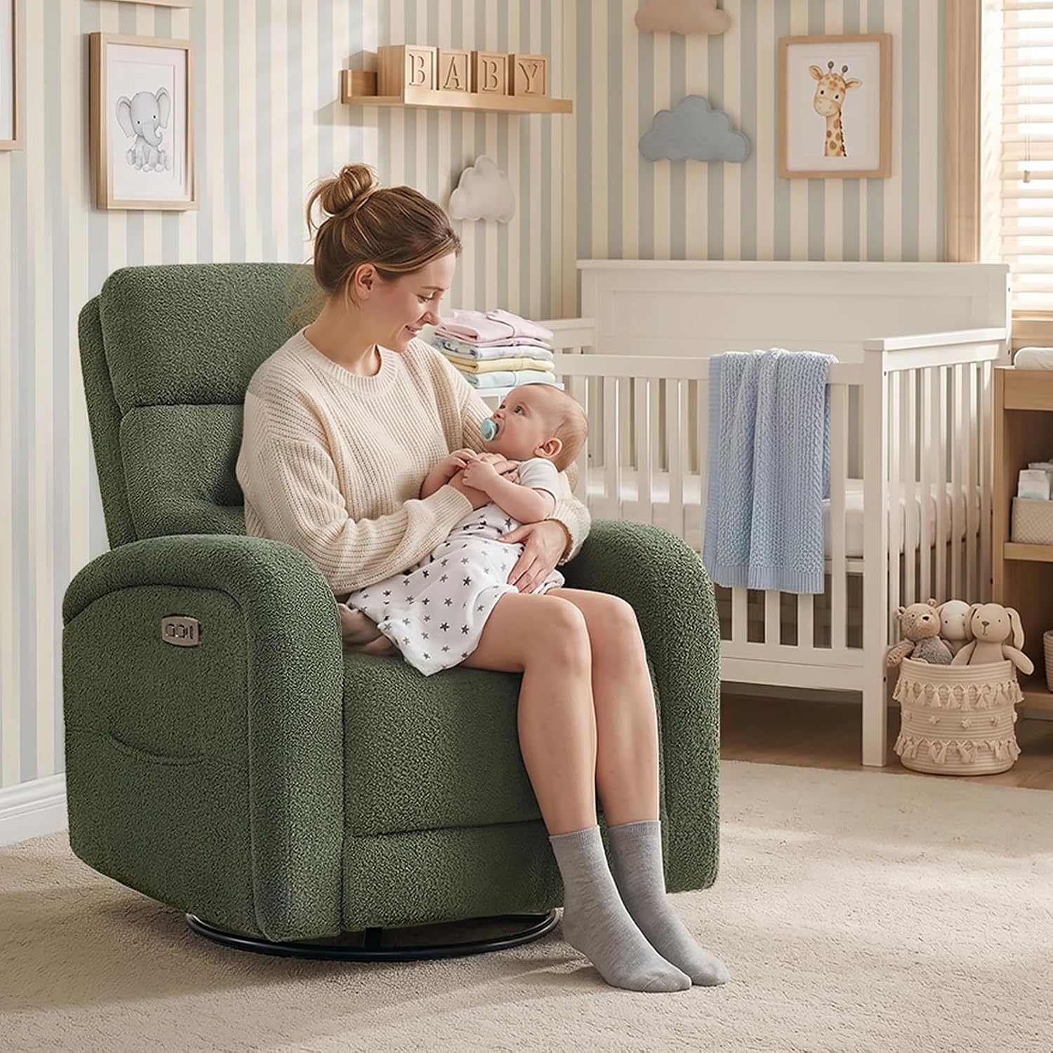 Power Swivel Rocker Recliner Chair for Nursery,Electric Rocking Reclining Chair, Upholstered Glider Nursery Recliner for Living Room, Bedroom, Teddy Green