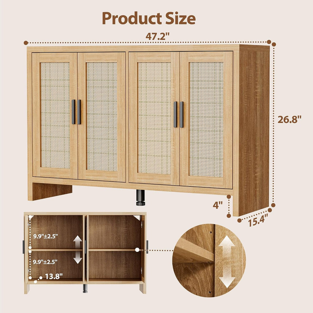 Mericonia Rattan Buffet Cabinet with Storage, Sideboard Cabinet with Doors and Adjustable Shelves, Farmhouse Coffee Bar Station Table, Modern Wood Cupboard for Kitchen, Livingroom and Dining Room