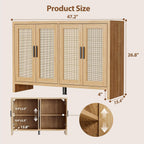 Mericonia Rattan Buffet Cabinet with Storage, Sideboard Cabinet with Doors and Adjustable Shelves, Farmhouse Coffee Bar Station Table, Modern Wood Cupboard for Kitchen, Livingroom and Dining Room