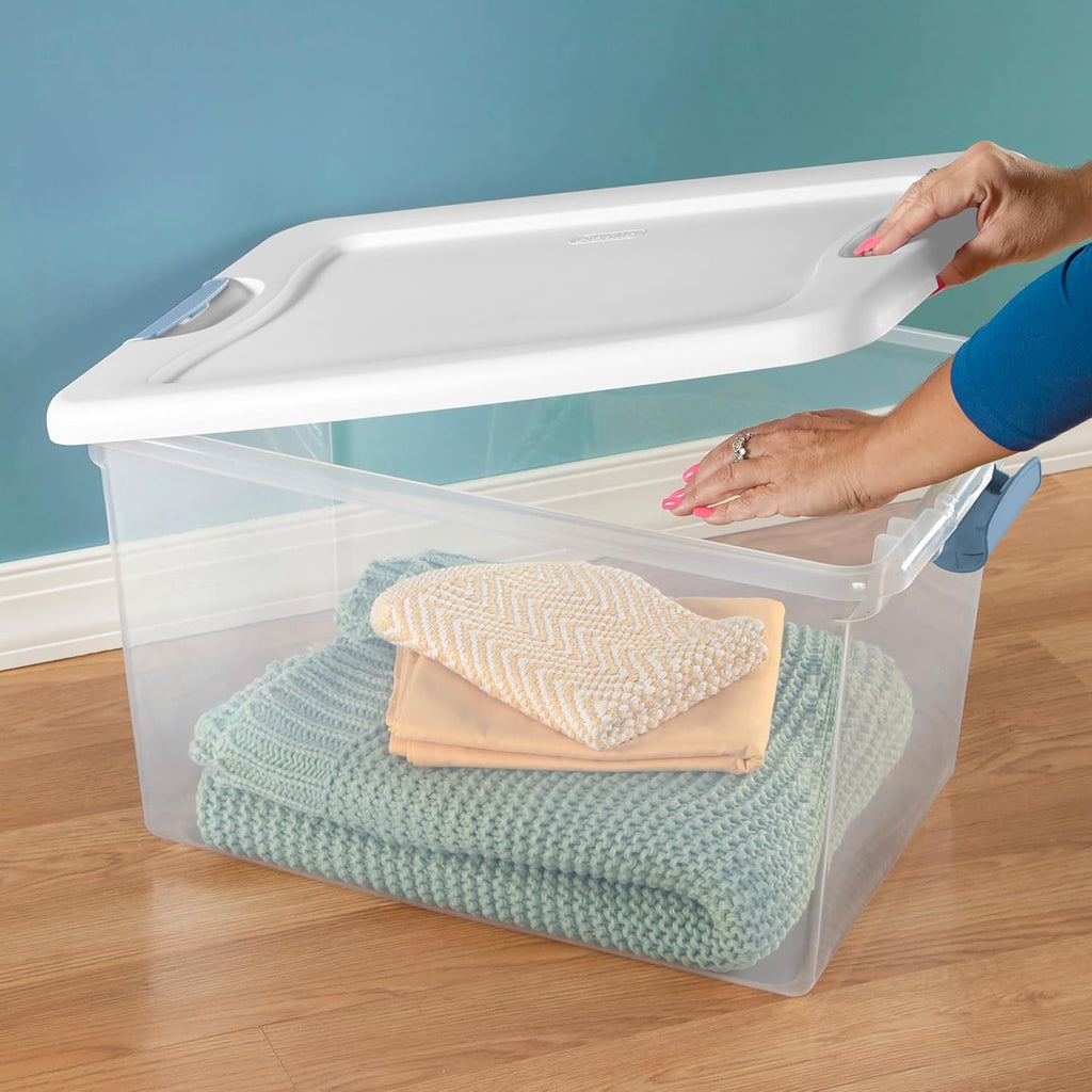 Sterilite 4-Pack 64 Quart Latching Box, Clear Plastic Storage Organizer Bins with White Lids - Large Stackable Containers for Home Bedroom, Dorm Room, and Closet Organization