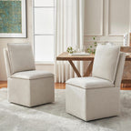 VKNOW Upholstered Dining Chairs, Modern Rolling Chairs with Storage and Wheels, Linen Armless Chair with Cushion and Backrest, Dining Room Chairs for Living Room Kitchen Bedroom, Beige