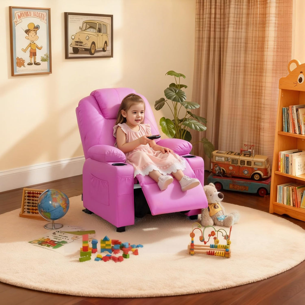 MCombo Big Kids Recliner for Ages 3+, Child Reclining Chair, Toddlers Recliner Sofa with Cup Holders (Faux Leather, Pink)