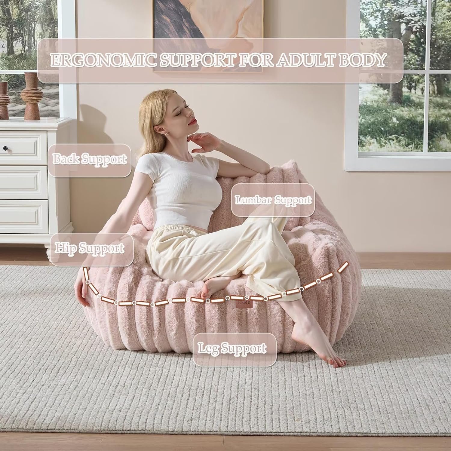 Giant Plush Bean Bag Chair for Adults with Armrests,Oversized Comfy Beanbag Lounge Lazy Floor Sofa Chair for Game Room,Living Room,Bedroom,Ultra Soft Mini Couch-Pink