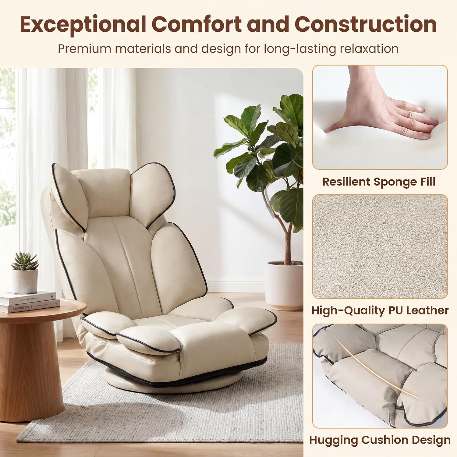 KOMFOTT 360° Swivel Floor Gaming Chair, Lazy Lounger Sofa with 6-Position Adjustable Backrest and Sponge Filling, Folding Floor Chair Lounge Chair for Reading, Relaxing, Gaming and TV Watching (Beige)