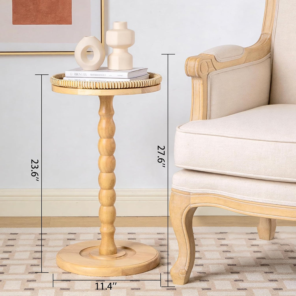 Small Side Table, Rubberwood‌ Drink Table Rattan Round Side Table, Rubberwood‌ Small Drink Table