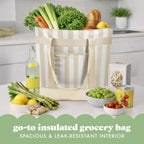 Fit & Fresh Insulated Grocery Tote Bag – Large Reusable Thermal Cooler Bag for Shopping, Food Delivery & Catering – Premium Leak Resistant Food Carrier, Foldable Soft Cooler, Taupe Stripe