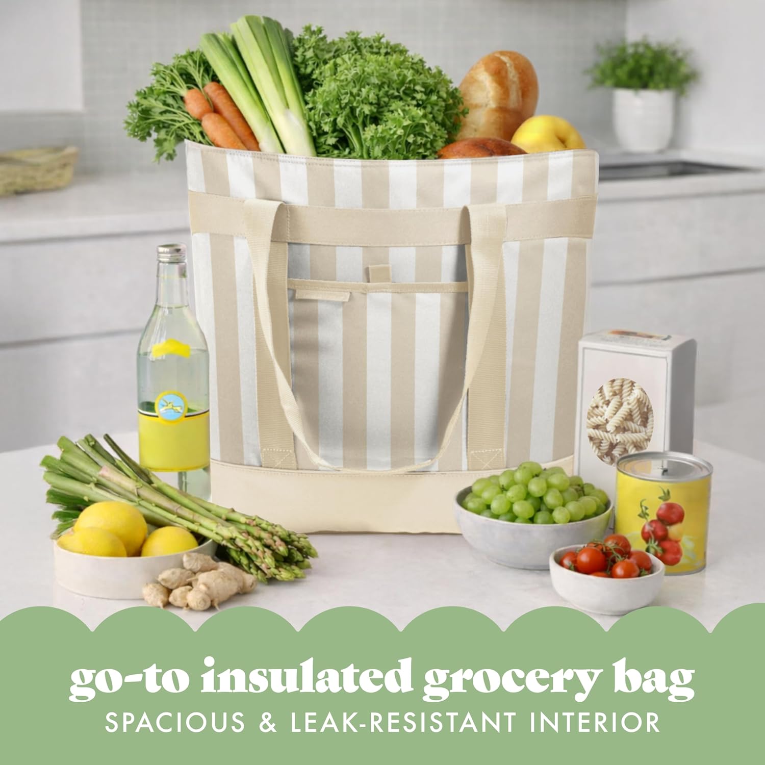 Fit & Fresh Insulated Grocery Tote Bag – Large Reusable Thermal Cooler Bag for Shopping, Food Delivery & Catering – Premium Leak Resistant Food Carrier, Foldable Soft Cooler, Taupe Stripe
