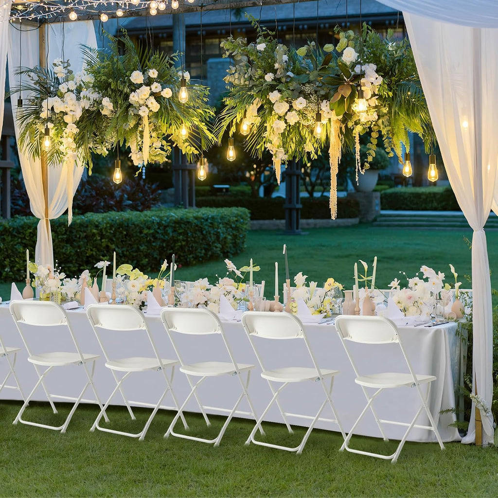 50 Pack White Plastic Folding Chair, Plastic Foldable Chair for Indoor Outdoor Use, Portable Stackable Commercial Seat with Steel Frame 350lb Capacity for Wedding Party Dining School Event