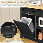 DynJest Kitchen Island with Storage and Seating Include 2 Bar Stools, Black | 47" Solid Rubberwood Island Table with Trash Can Storage, Power Outlets, 2 Drawers & Open Shelves Cabinet, Dining Table for 2
