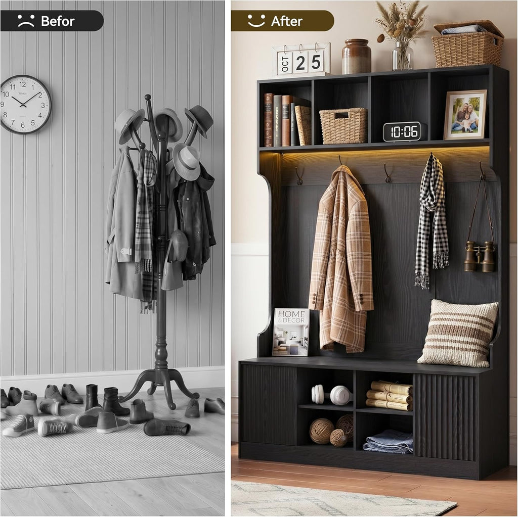 Hall Tree with LED Light, Coat Rack with Storage Bench, Modern Freestanding Entryway Organizer with Shoe Cabinet, Hallway Storage Bench with 5 Hooks, Open Shelves and Fluted Doors, Black