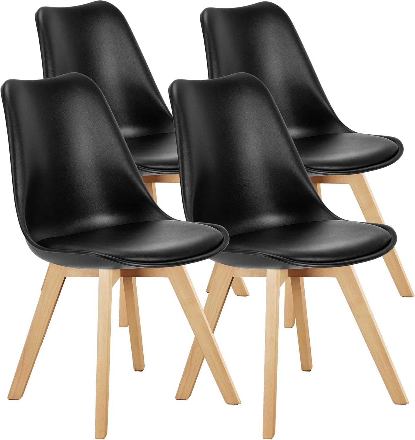 OLIXIS Dining Chairs Set of 4, PU Leather Upholstered Kitchen Chairs with Solid Wood Legs, Mid Century Modern Accent Chairs for Living Room, Bedroom, Patio, Black