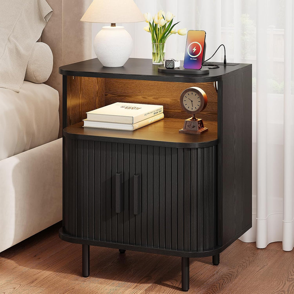 ONBRILL Fluted Nightstand with Drawers, Modern End Table with Charging Station, Mid Century Bedside Table with Open Shelf LED Light for Bedroom Small Space Living Room Sofa Couch Black (2 Pack)