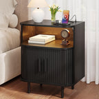 ONBRILL Fluted Nightstand with Drawers, Modern End Table with Charging Station, Mid Century Bedside Table with Open Shelf LED Light for Bedroom Small Space Living Room Sofa Couch Black (2 Pack)
