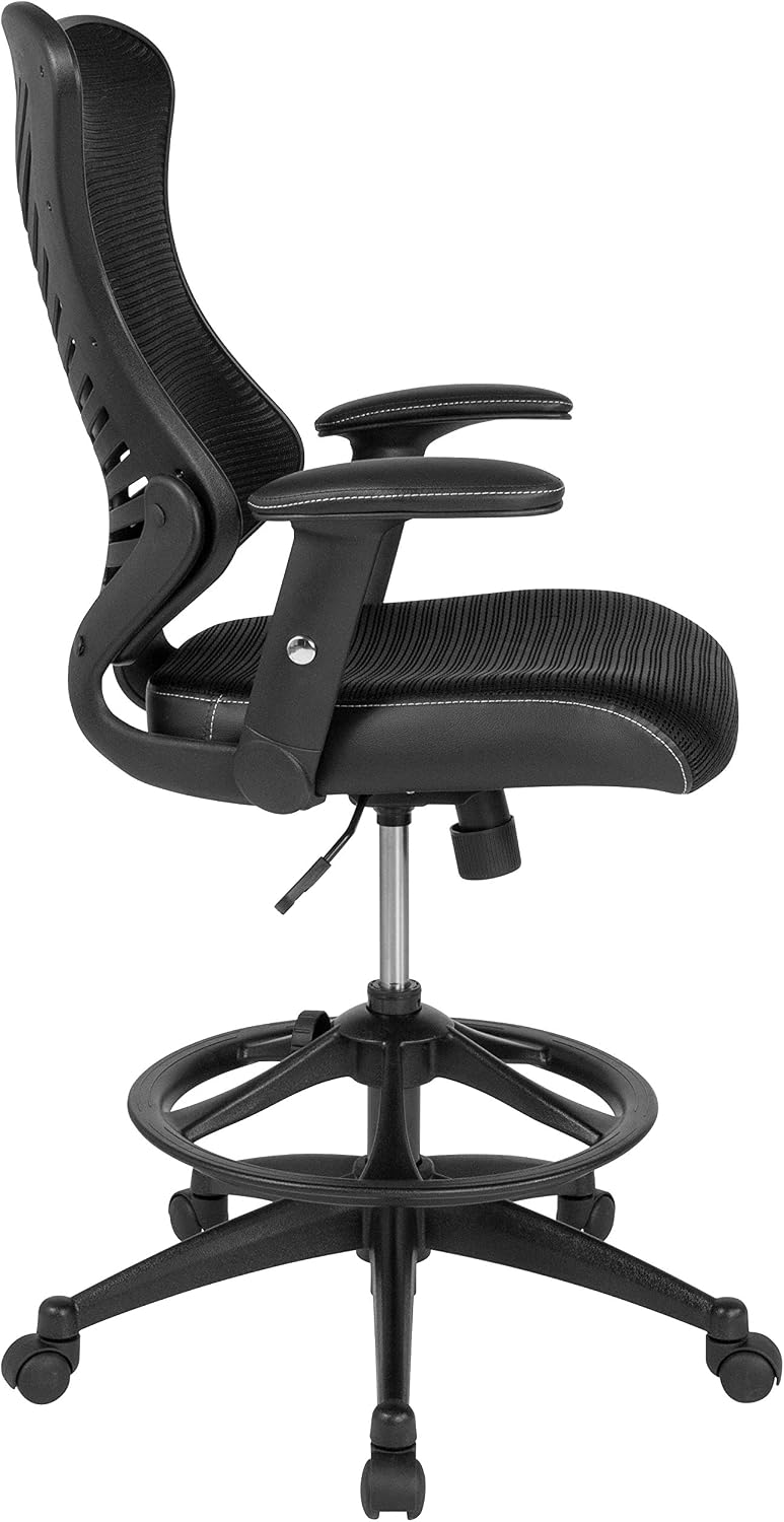 Flash Furniture Waylon High Back Designer Black Mesh Drafting Chair with LeatherSoft Sides and Adjustable Arms