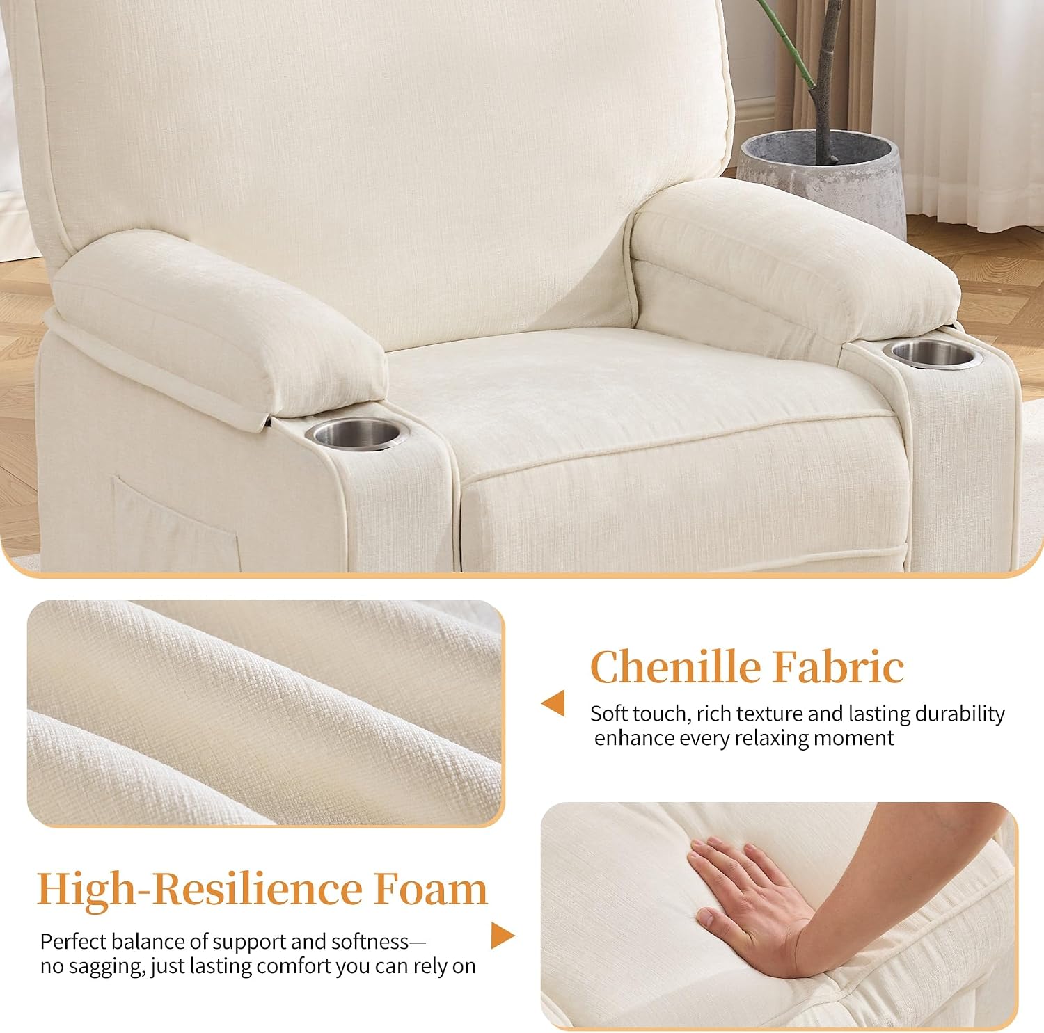 Korser Recliner Chair, Nursery Rocking Chairs for Adults, 360° Swivel Rocker Recliner with Cup Holder, Overstuffed Glider Rocking Chair for Living Room, Manual Recliner with Side Pockets, Chenille