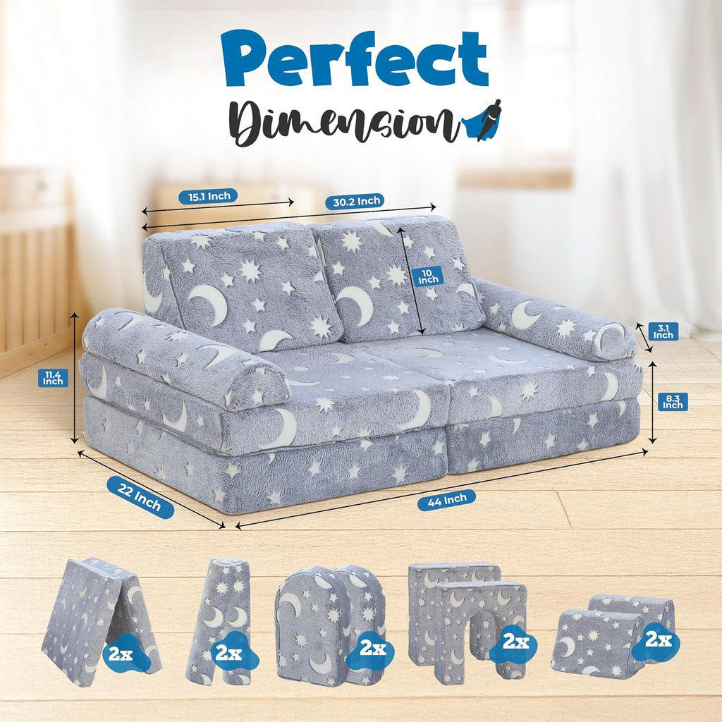 WONDERME 2-Seater Modular Kids Play Couch – 10pc Glow in the Dark Creative Kids Couch for Playroom, Living Room, and Bedroom Fortplay – Convertible Foam and Floor Cushion for Ages 1 to 10