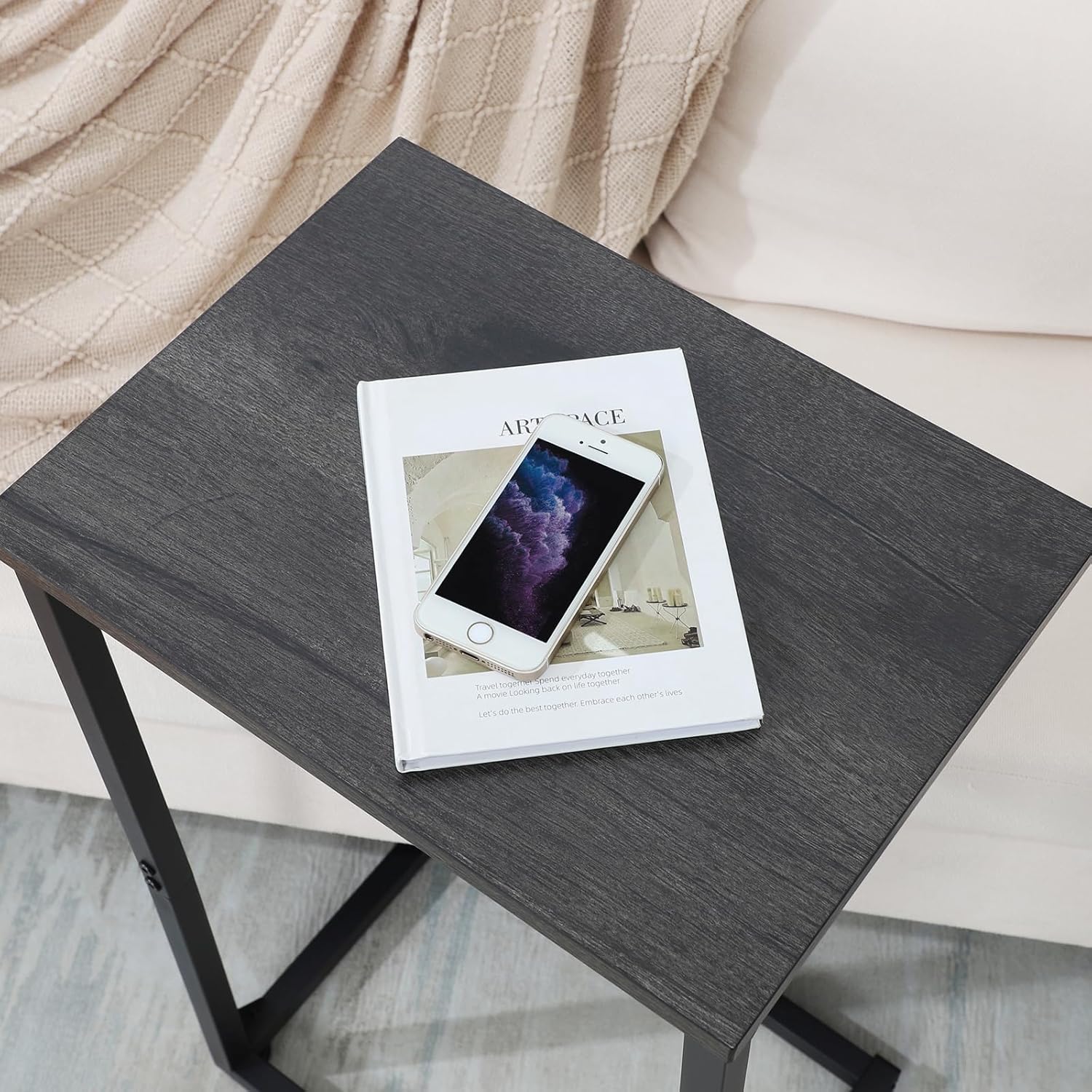 AMHANCIBLE C Shaped End Tables Set of 2, Couch Side Tables that Slide Under Sofa, Slim TV Trays for Living Room and Bedroom, Narrow Space Saving Laptop Workstation, Dark Grey HET02BDG
