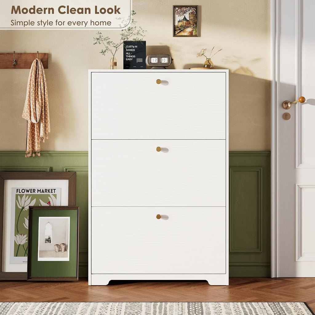 Nicetree Shoe Cabinet with 3 Flip Drawers, Narrow Shoe Organizer Cabinet, Freestanding Shoe Rack Cabinet, Modern Shoe Storage Cabinet for Entryway, Hallway, Foyer, White