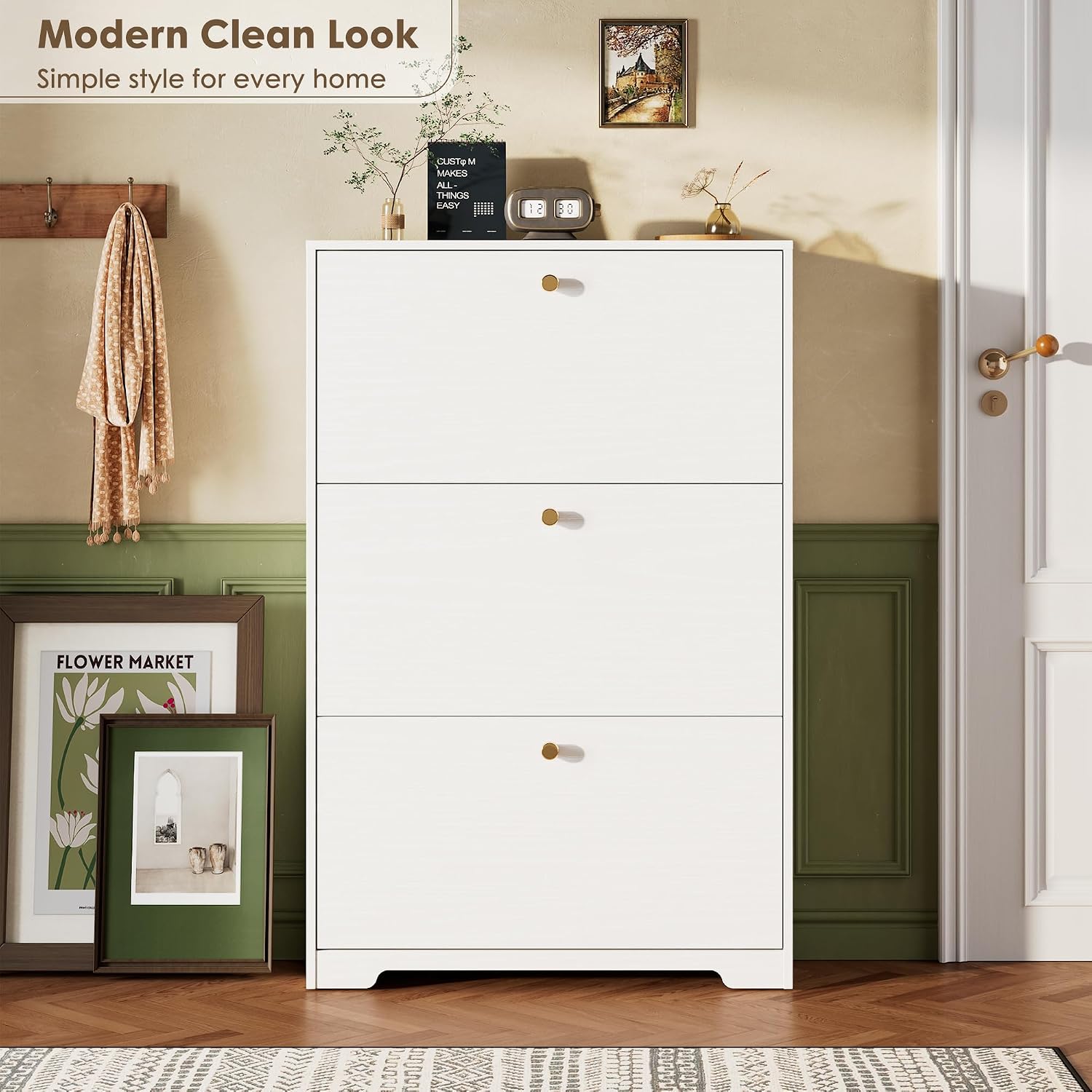 Nicetree Shoe Cabinet with 3 Flip Drawers, Narrow Shoe Organizer Cabinet, Freestanding Shoe Rack Cabinet, Modern Shoe Storage Cabinet for Entryway, Hallway, Foyer, White