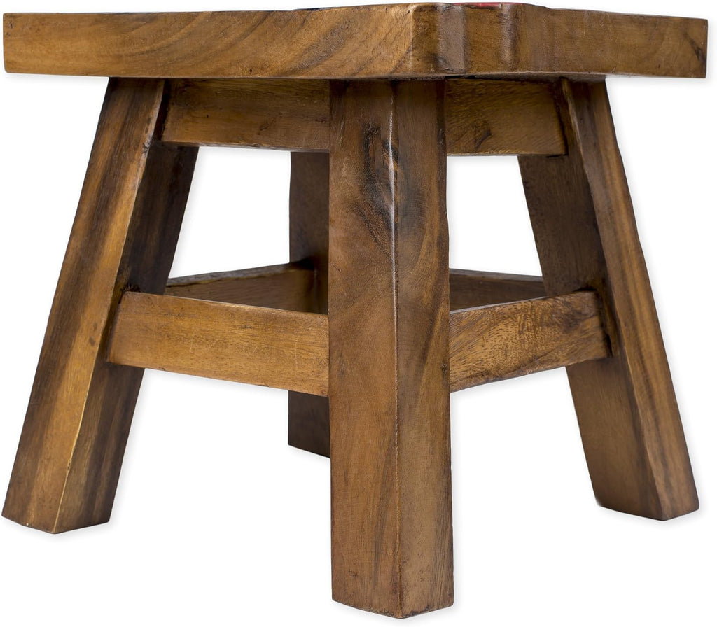 Sea Island Imports Red Fire Truck Design Hand Carved Acacia Hardwood Decorative Short Stool
