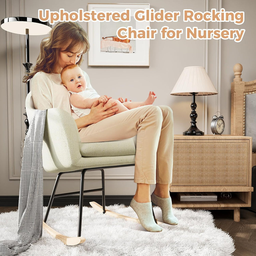GarveeHome Nursery Rocking Chair, Upholstered Chenille Glider Rocker Chair, Modern Armchair With Wood Legs, Indoor Comfy Accent Chair Nursing Chairs Holds Up to 350 LBS for Living Room, Bedroom, Beige