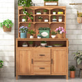 Merax 45.3" Large Outdoor Fir Wood Potting Bench with Storage, Multi-Functional Patio Kitchen Island, 6-Shelf Hutch+2 Cabinets+2 Drawers+3 Hooks, Garden Workstation for Planting, Gardening, Natural