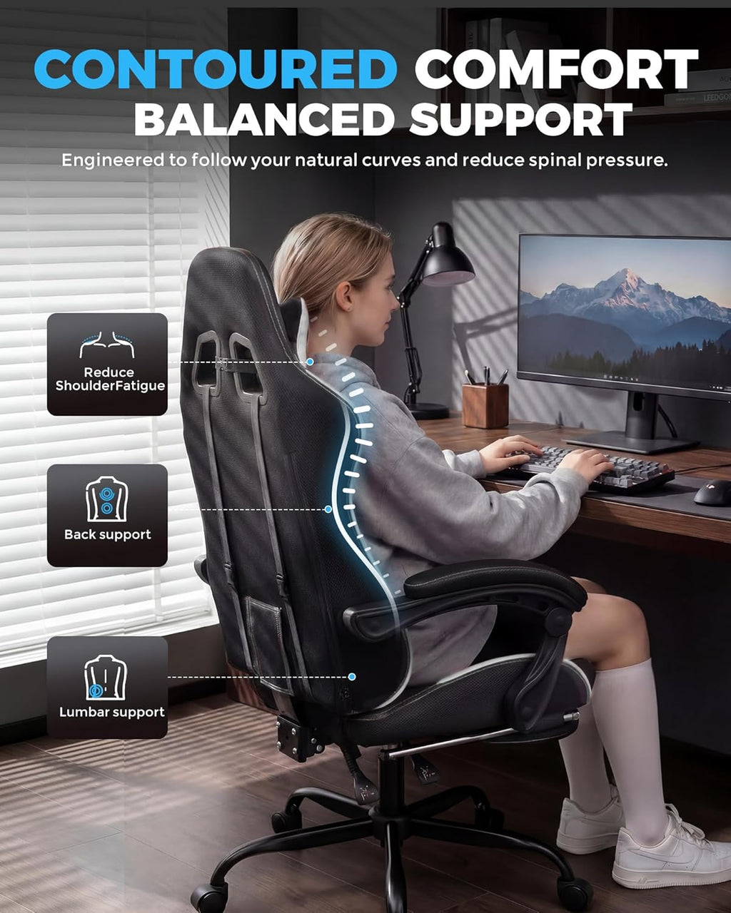 GTPLAYER Gaming Chair Fabric with Pocket Spring Cushion,Computer Office Chair with Lumbar Support for Adults Linkage Armrests and Footrest Ergonomic Gamings Chairs Height Adjustable Black