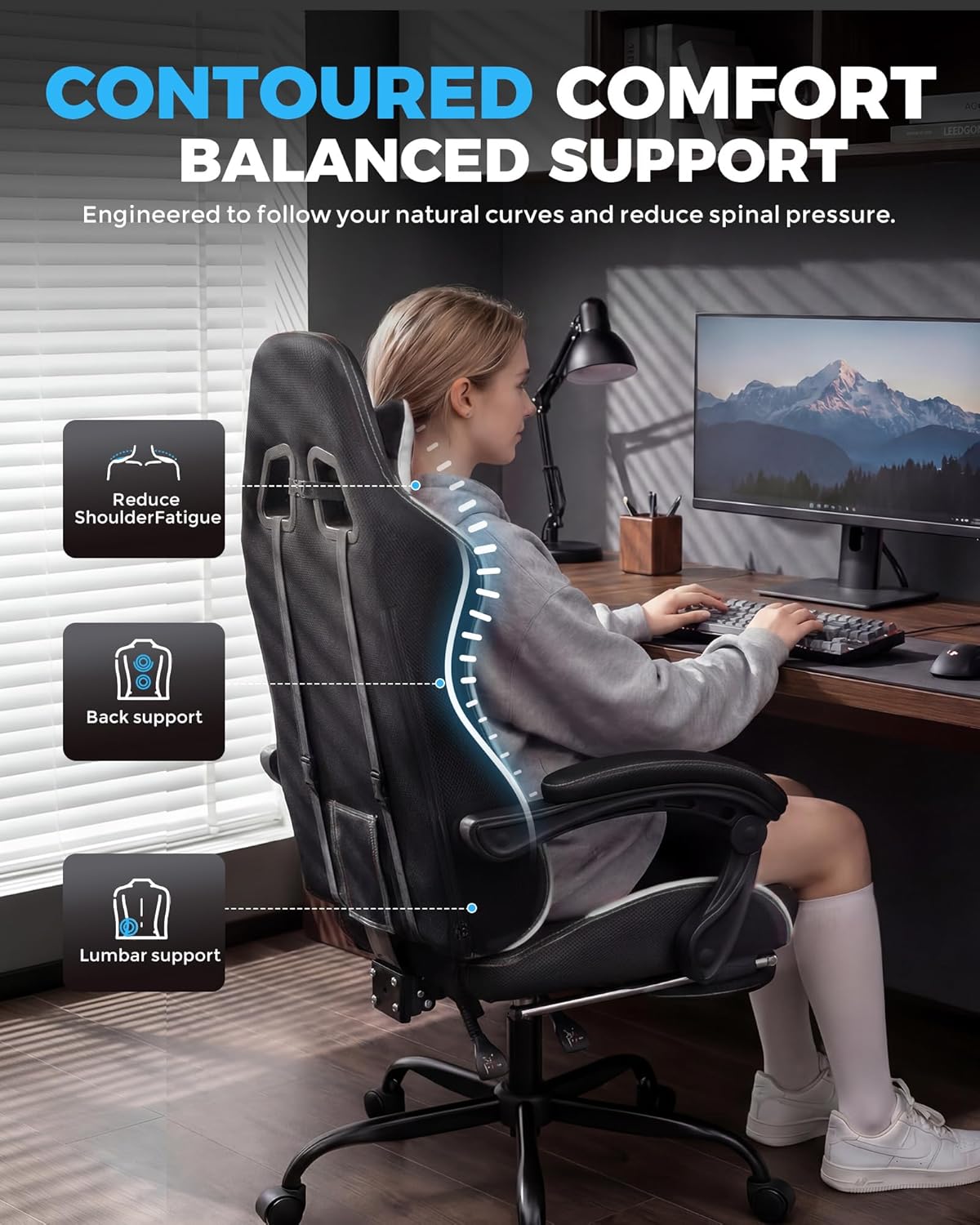GTPLAYER Gaming Chair Fabric with Pocket Spring Cushion,Computer Office Chair with Lumbar Support for Adults Linkage Armrests and Footrest Ergonomic Gamings Chairs Height Adjustable Black
