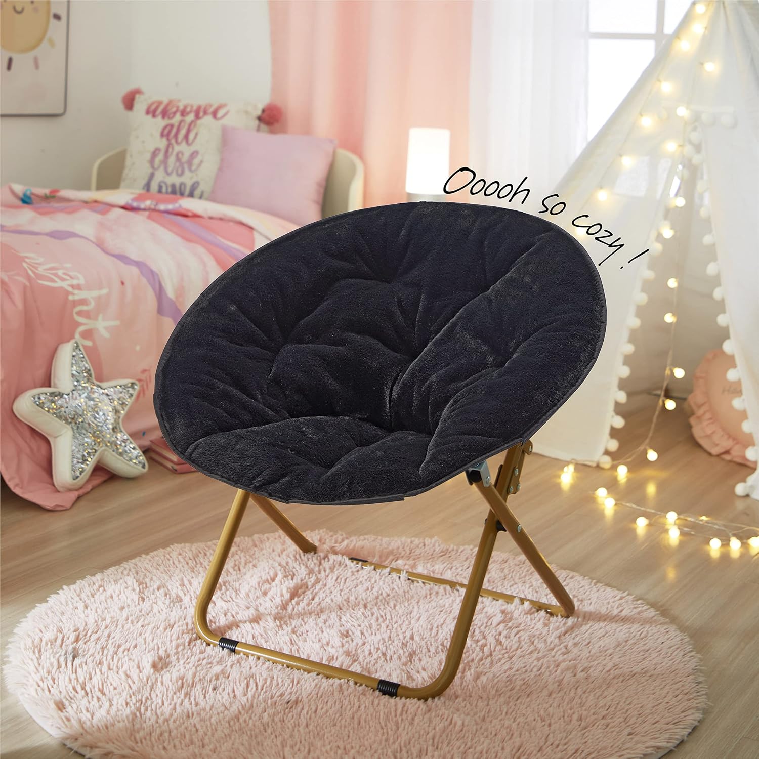 Heritage Kids Folding Faux Fur Saucer Chair 23 Inch Comfortable Plush Lounge Seating Soft Lightweight Portable Children Bedroom Playroom Modern Home Furniture Black