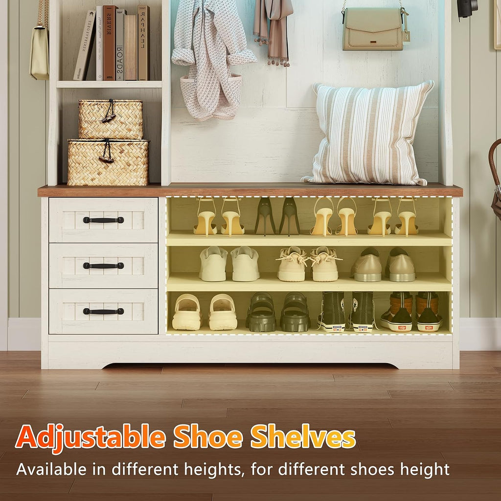 TVU Storage Hall Tree with Bench & 3 Drawers, 22-in-1 Coat Rack With 9 Coat Hooks, Farmhouse Entryway Bench With 9 Open Shelves for Hallway, Entryway (Hall Tree)