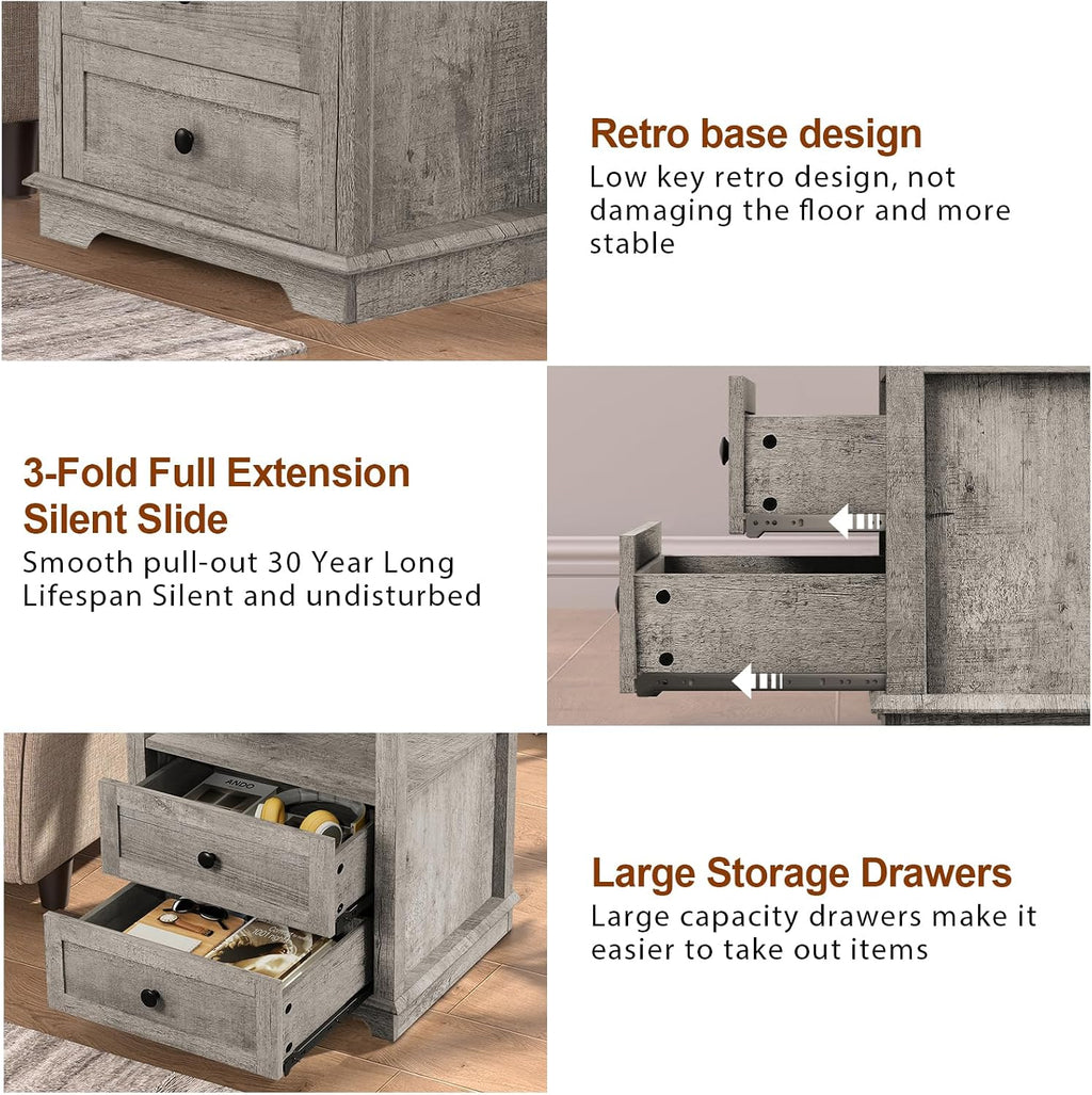 HIFYOBRO End Table with 2 Drawers and Charging Station, Type-C & USB Port & Power outlets, Wooden Storage Cabinet, Large Side Table with Storage for Living Room and Bedroom