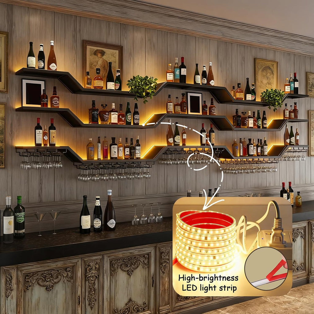 31.5"Modern LED Wine Rack Wall Mounted,3-Tier Floating Bar Shelves | Large Hanging Liquor Shelf Wall Mounted with Wine Glass Rack,DIY Modular WaveDesign,Black Metal for Home Bar Dining Room Cafe