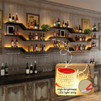 31.5"Modern LED Wine Rack Wall Mounted,3-Tier Floating Bar Shelves | Large Hanging Liquor Shelf Wall Mounted with Wine Glass Rack,DIY Modular WaveDesign,Black Metal for Home Bar Dining Room Cafe