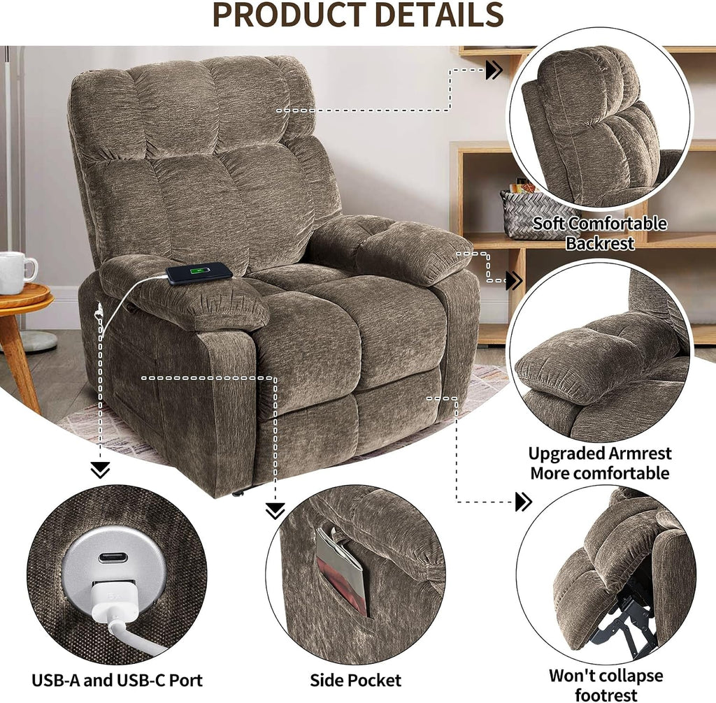 Lay Flat Sleeping Dual Motor Lift Recliner Chair with Massage and Heating for Elderly,Infinite Position Soft Fabric Power Electric Recliner Chair (Brown-180-Lay Flat-No Cup Holder)
