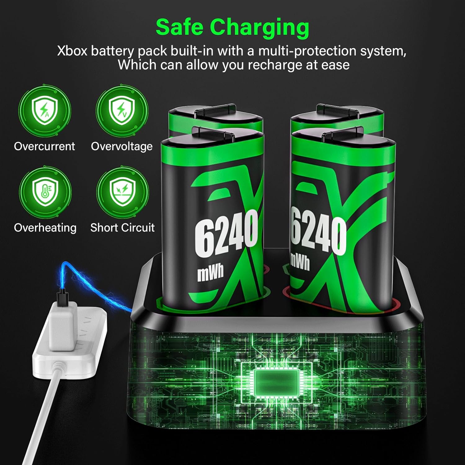 Rechargeable Xbox Controller Battery Pack for Xbox one/Xbox One S/Xbox X/Xbox Elite/Xbox Series X|S, 4x6240mWh Batteries Pack for Xbox Accessories Kits, Xbox 360 Console