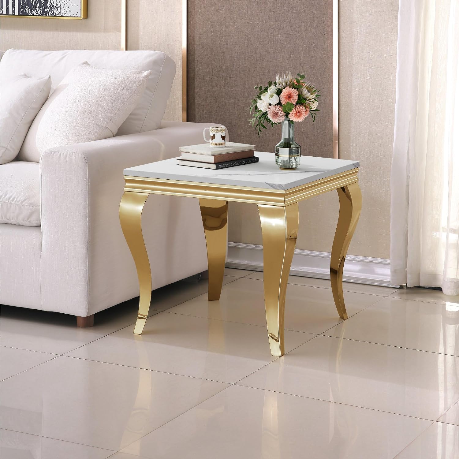 Luxury Marble Side Table, Square End Table with Faux Marble Tabletop & Gold Stainless Steel S Legs, Modern Sofa Side Table for Living Room, Bedroom, Home Decor