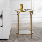 Two Tier Round Accent Table Antique Gold Iron Frame Mirrored Top Tempered Glass Shelf Modern Side Table Living Room Bedroom End Table Decorative Furniture