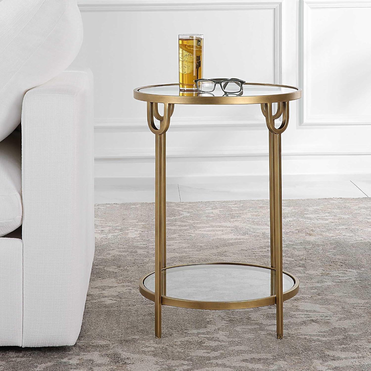 Two Tier Round Accent Table Antique Gold Iron Frame Mirrored Top Tempered Glass Shelf Modern Side Table Living Room Bedroom End Table Decorative Furniture