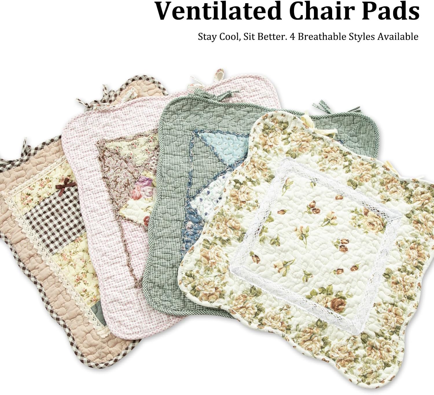Leeva Cotton Linen Floral Patchwork Chair Pads with Ties - Kitchen Dining Chair Seat Pads, Set of 2, Pink