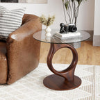 27.5” Large Glass End Table, Round Side Tables with Tempered Glass Tabletop, Modern Night Stand Sofa Table, Small Coffee Table with Wooden Base for Living Room Office Bedroom, Walnut