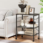 Giantex Kitchen Bakers Rack 3-Tier Microwave Cart on Wheels, Industrial Utility Bar Cart with 10 Hooks Metal Frame Wood Storage Shelves, Rolling Microwave Stand