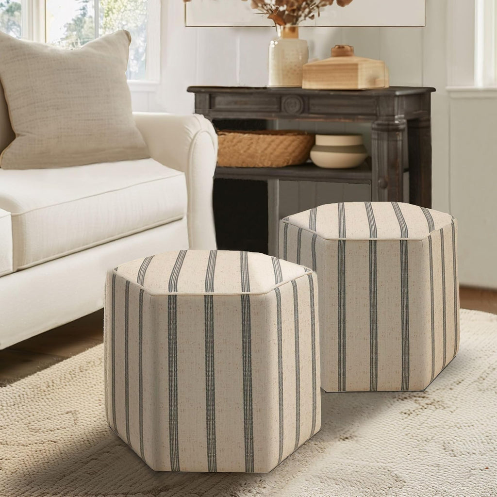 Martha Stewart Ellen Accent Ottoman - Solid Wood Frame, Soft Fabric, Hexagonal Small Stool Chair - Modern Foam Padded Top Footstool Living Room Furniture Natural, 18" W x 18" D x 16" H, Natural